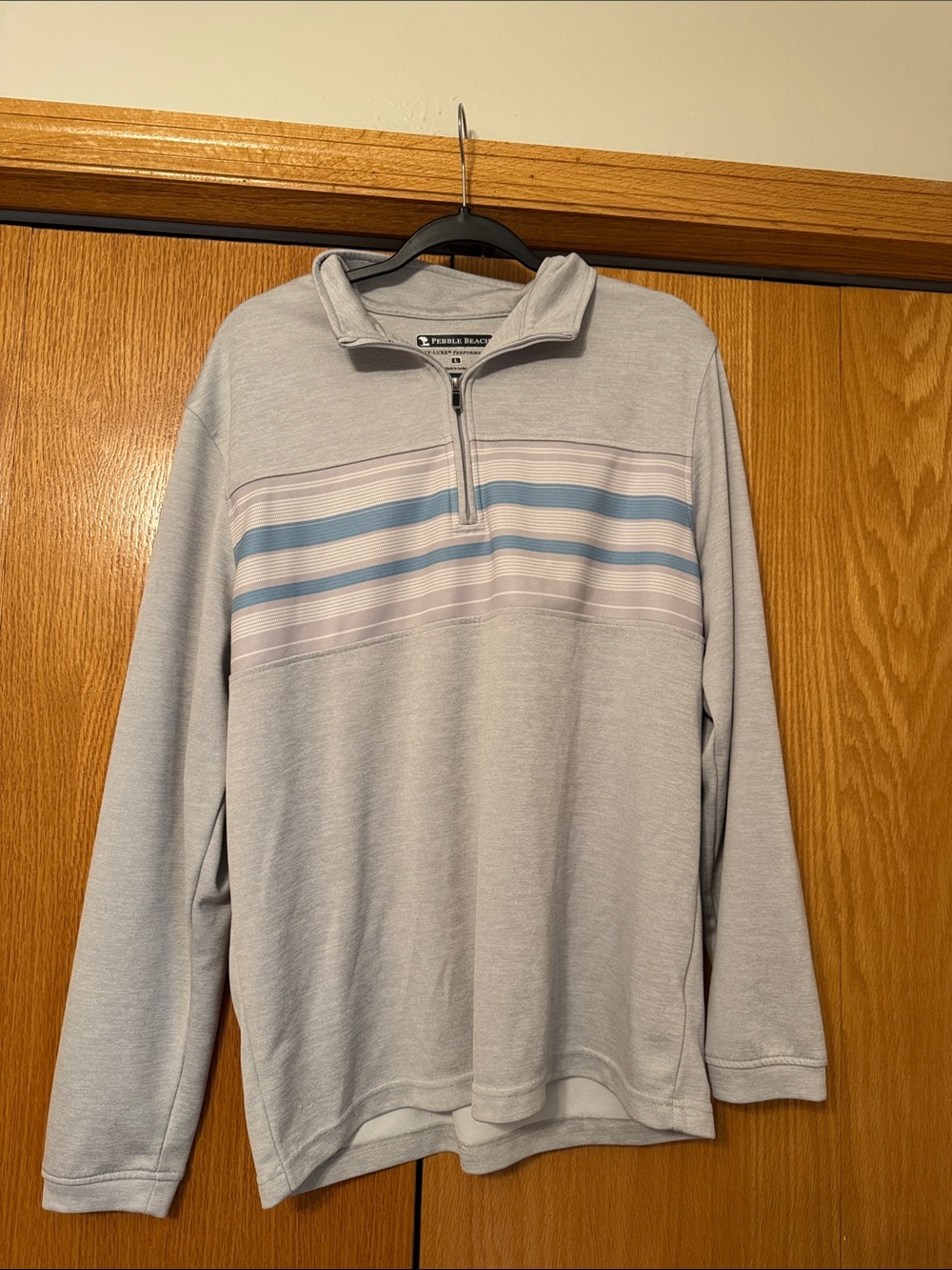 Pebble Beach Light Blue Striped Quarter-Zip Sweater